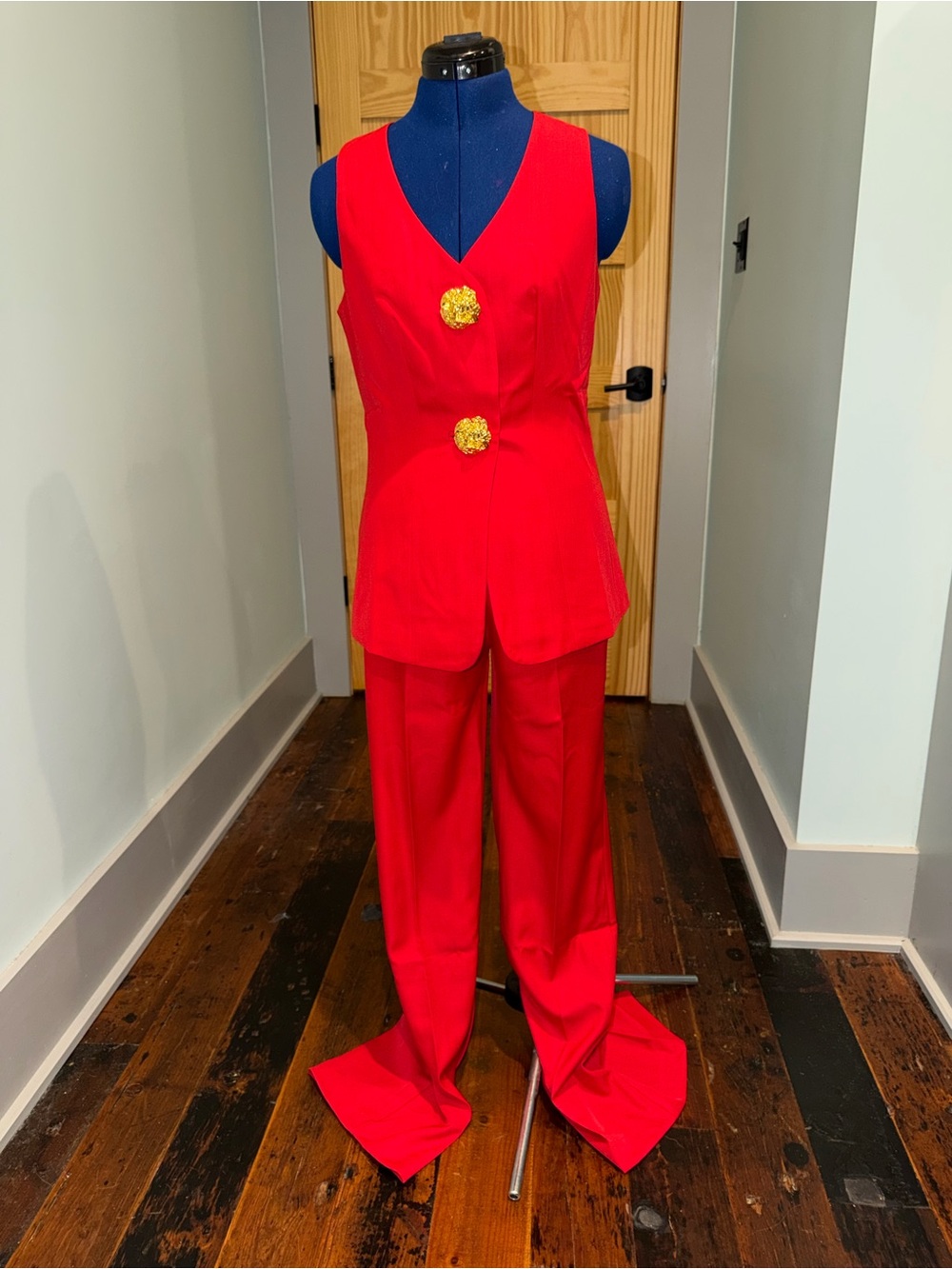 Sleeveless Tailored vest and pants suit with Gold Accent Buttons